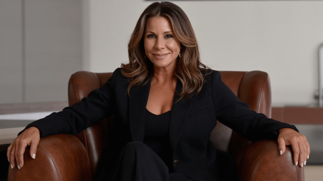 Elizabeth Morgan, a powerful, elegant woman in her mid-40s, seated confidently in a leather armchair. The room is modern, minimalistic, with soft lighting. The Mistress radiates calm control and dominant femininity.